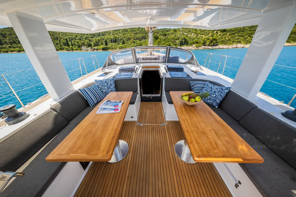 Deck of Oceanelle, a Hanse 588 sailboat at Seget Donji, Croatia