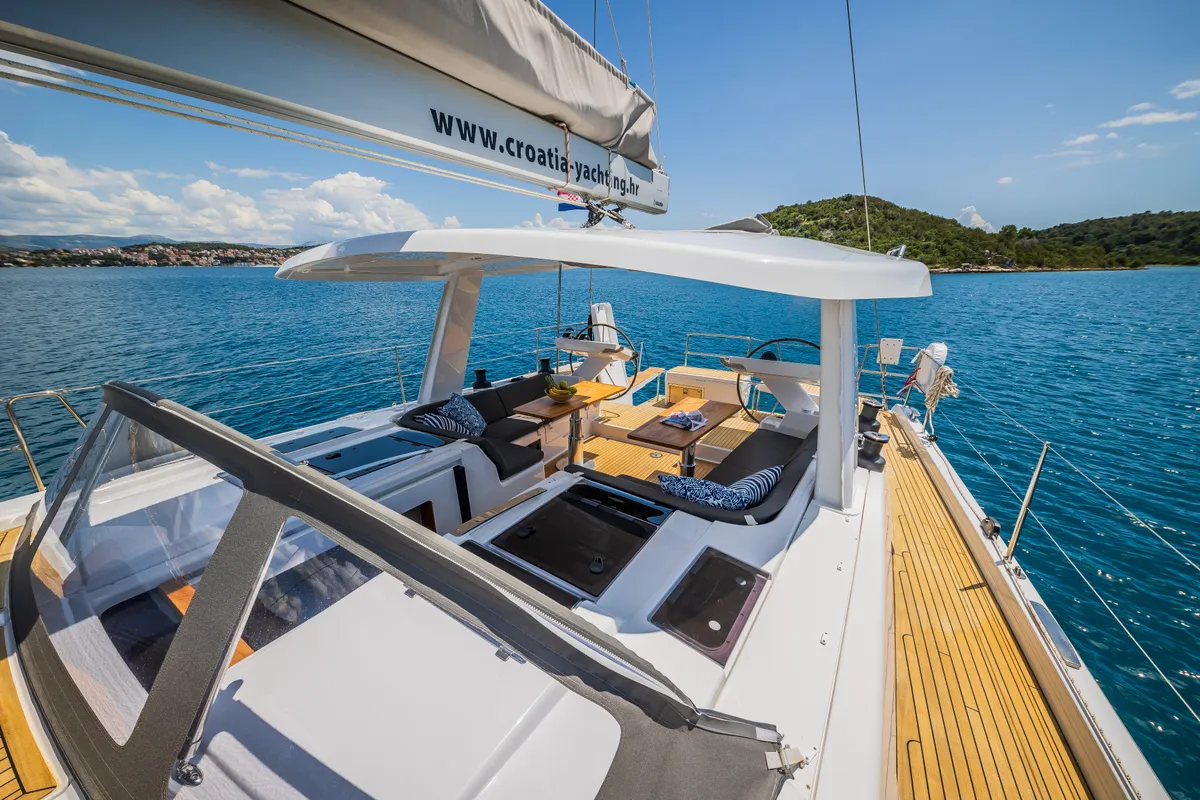 Deck of Oceanelle, a Hanse 588 sailboat at Seget Donji, Croatia