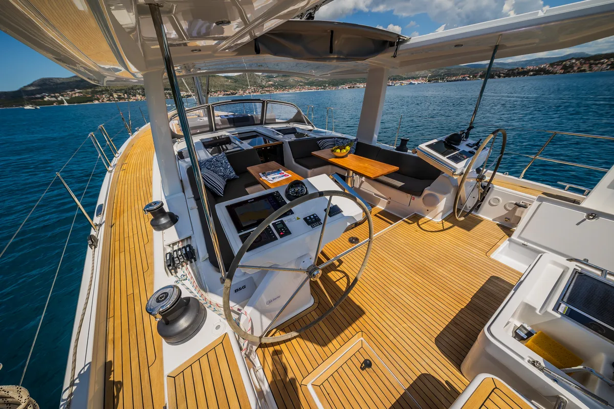 Cockpit of Oceanelle, a Hanse 588 sailboat at Seget Donji, Croatia