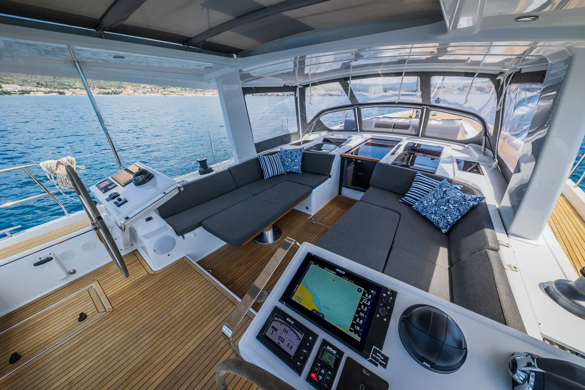 Cockpit of Oceanelle, a Hanse 588 sailboat at Seget Donji, Croatia
