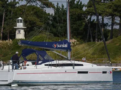 Exterior view of Sunsail 38.0 Classic, a Jeanneau Sun Odyssey 380 sailboat at Municipal Unit of Lefkada, Greece