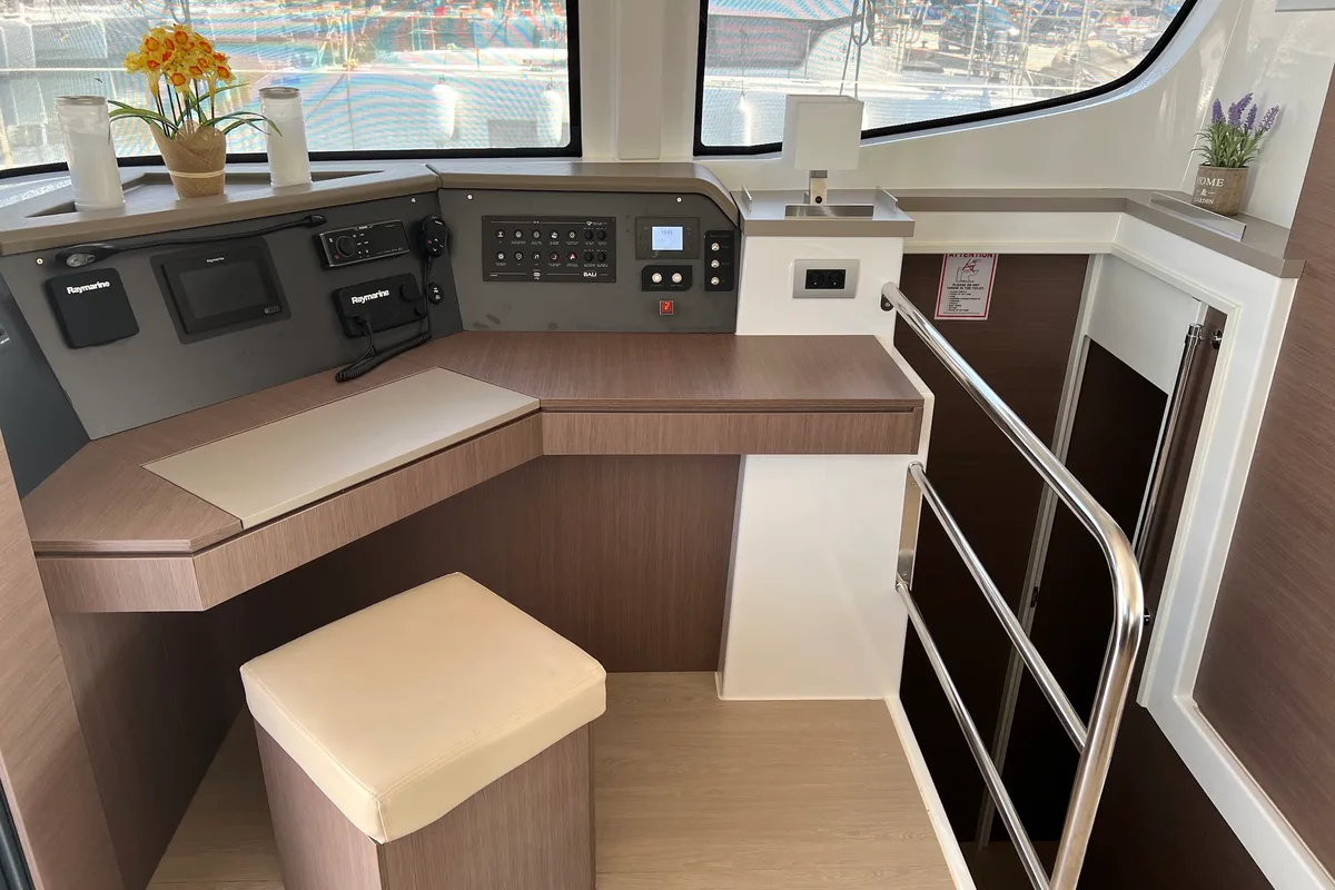 Cockpit of Freedom, a Bali 4.6 catamaran at Athens, Greece