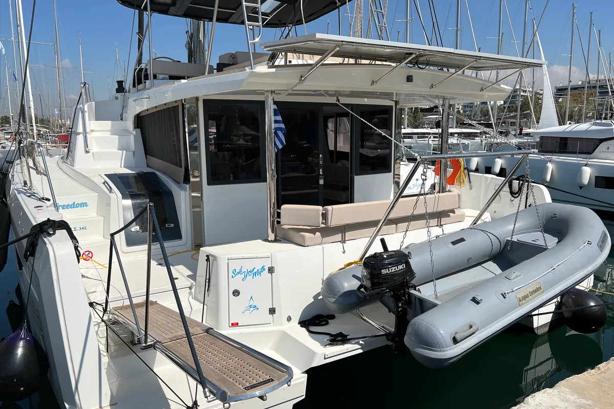 Exterior view of Freedom, a Bali 4.6 catamaran at Athens, Greece