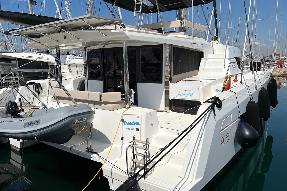 Exterior view of Freedom, a Bali 4.6 catamaran at Athens, Greece