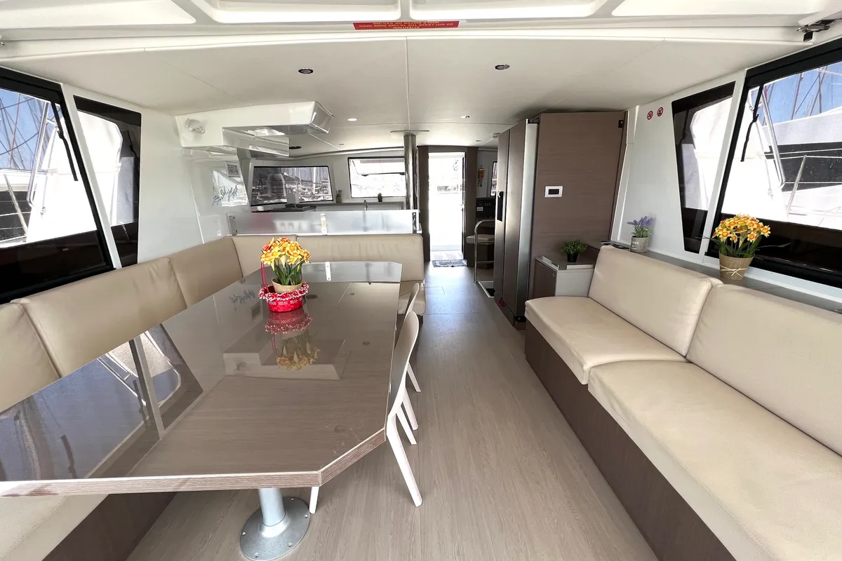 Salon of Freedom, a Bali 4.6 catamaran at Athens, Greece