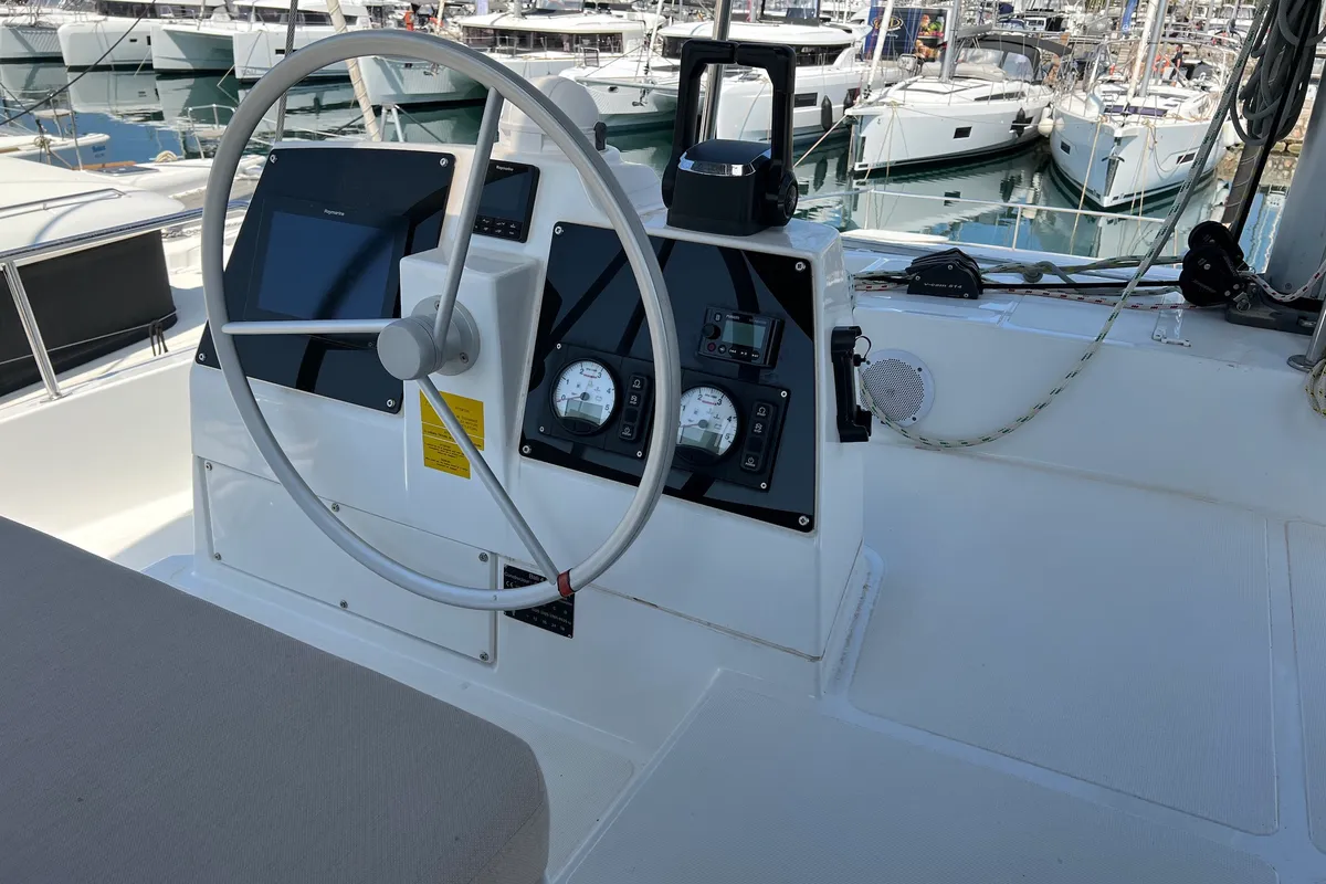 Cockpit of Freedom, a Bali 4.6 catamaran at Athens, Greece