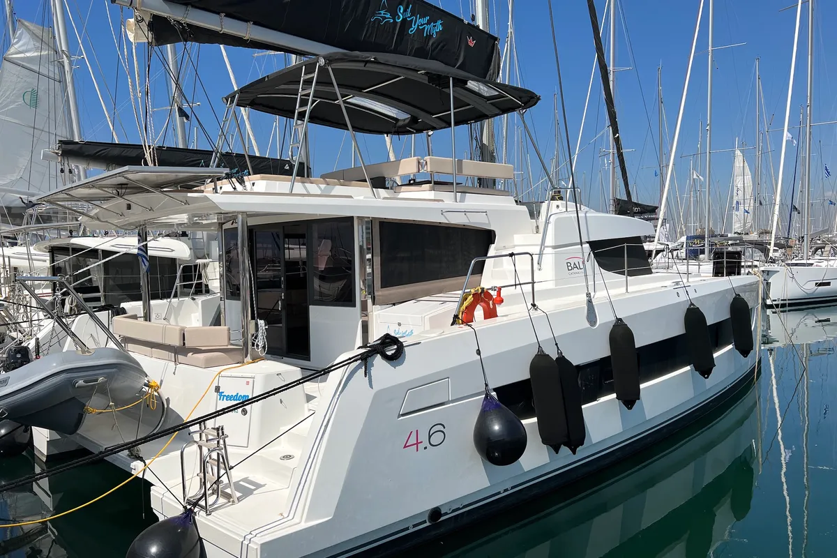 Exterior view of Freedom, a Bali 4.6 catamaran at Athens, Greece