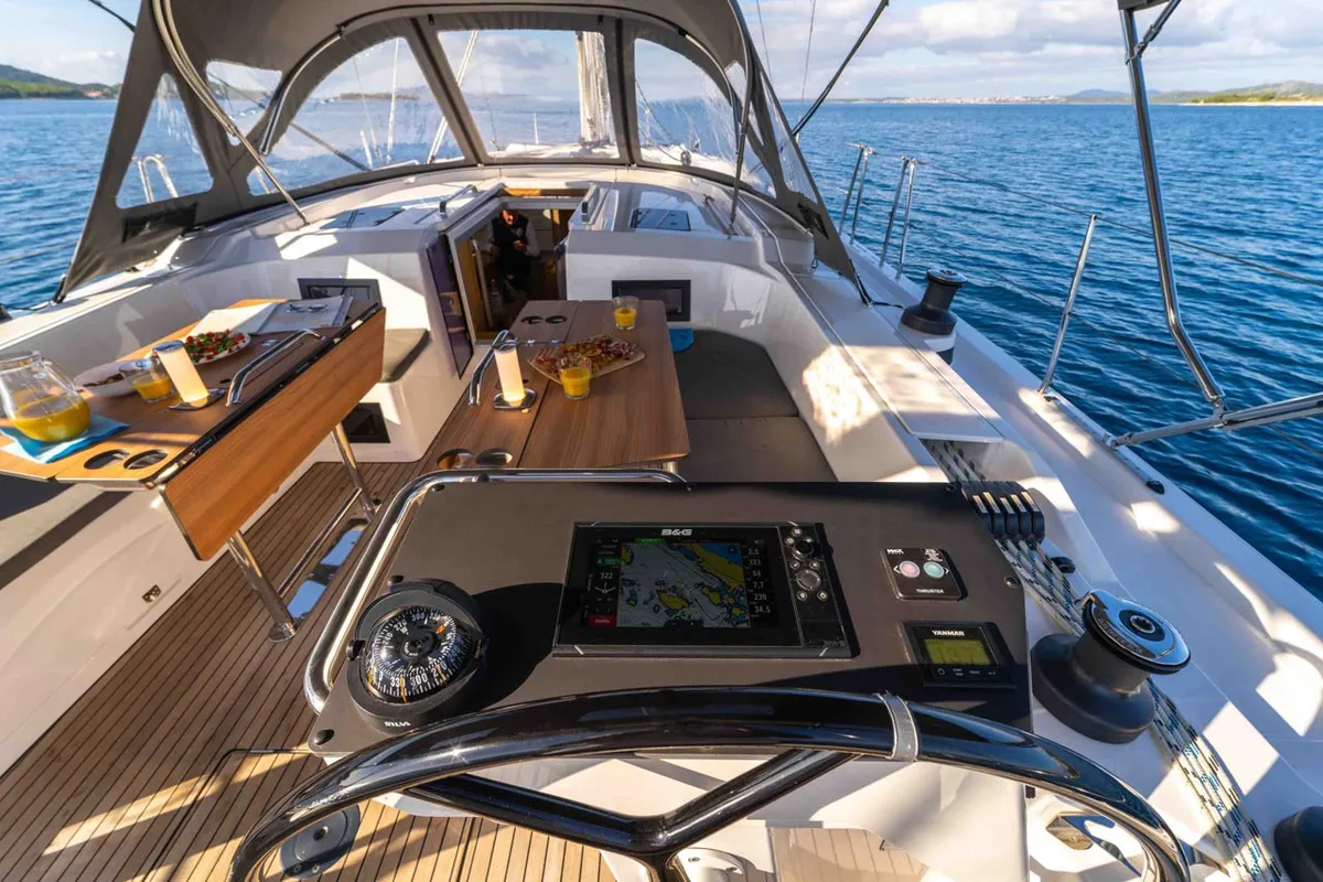 Cockpit of Sofia, a Bavaria C46 sailboat at Grad Šibenik, Croatia