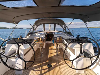 Cockpit of Sofia, a Bavaria C46 sailboat at Grad Šibenik, Croatia