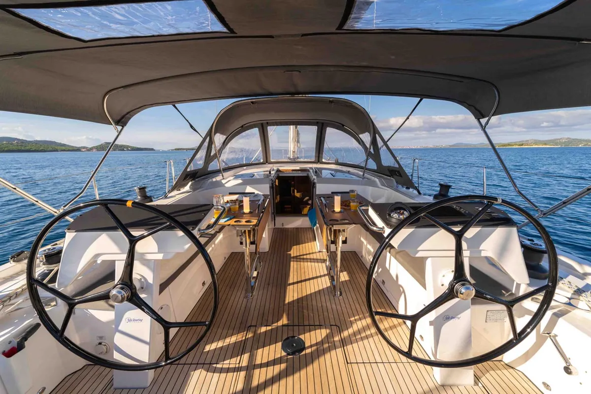 Cockpit of Sofia, a Bavaria C46 sailboat at Grad Šibenik, Croatia