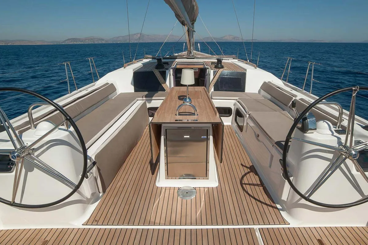 Cockpit of Skylark, a Dufour 560 Grand Large sailboat at Municipal Unit of Rhodes, Greece