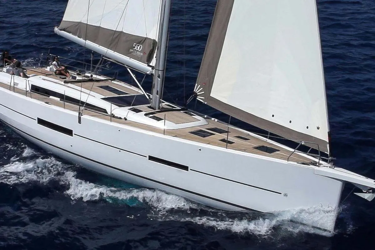 Exterior view of Skylark, a Dufour 560 Grand Large sailboat at Municipal Unit of Rhodes, Greece