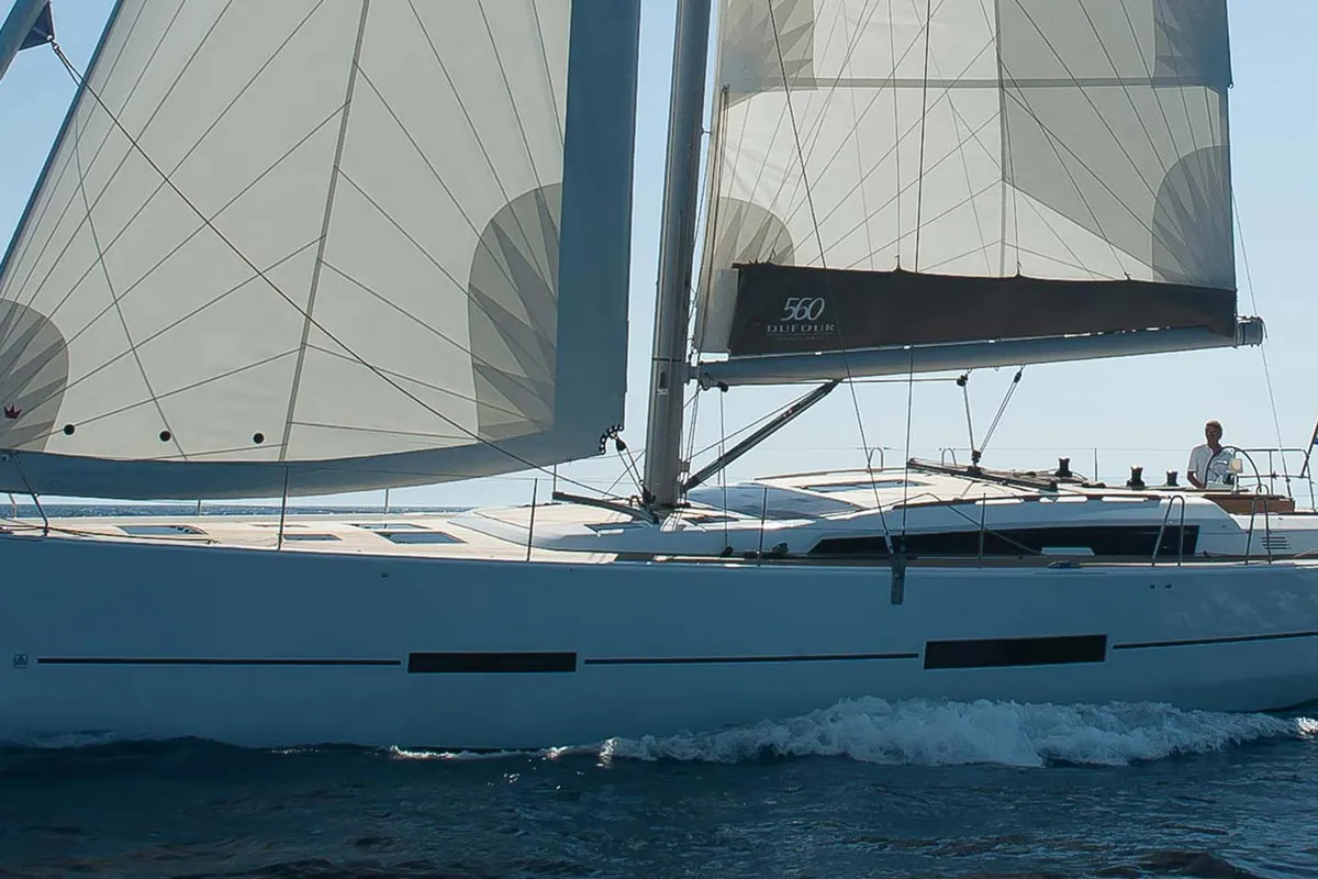 Exterior view of Skylark, a Dufour 560 Grand Large sailboat at Municipal Unit of Rhodes, Greece