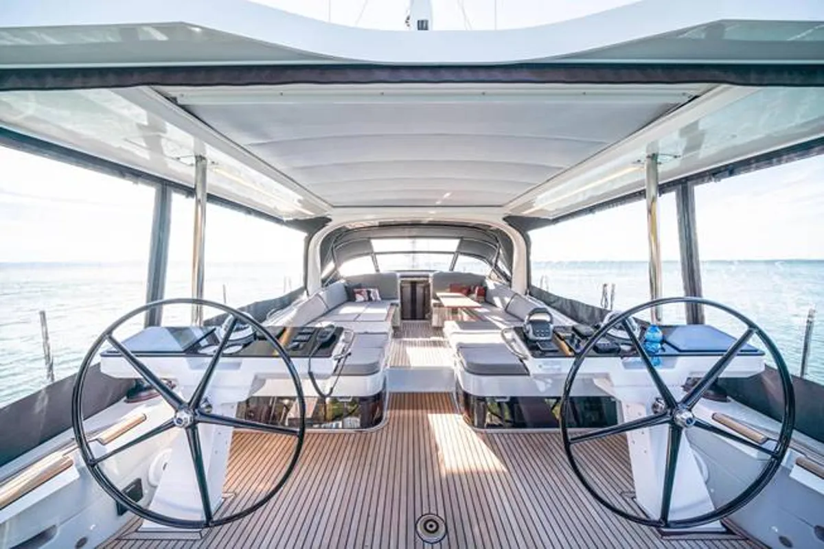 Cockpit of Uranos, a Jeanneau 65 sailboat at Lavreotiki Municipal Unit, Greece