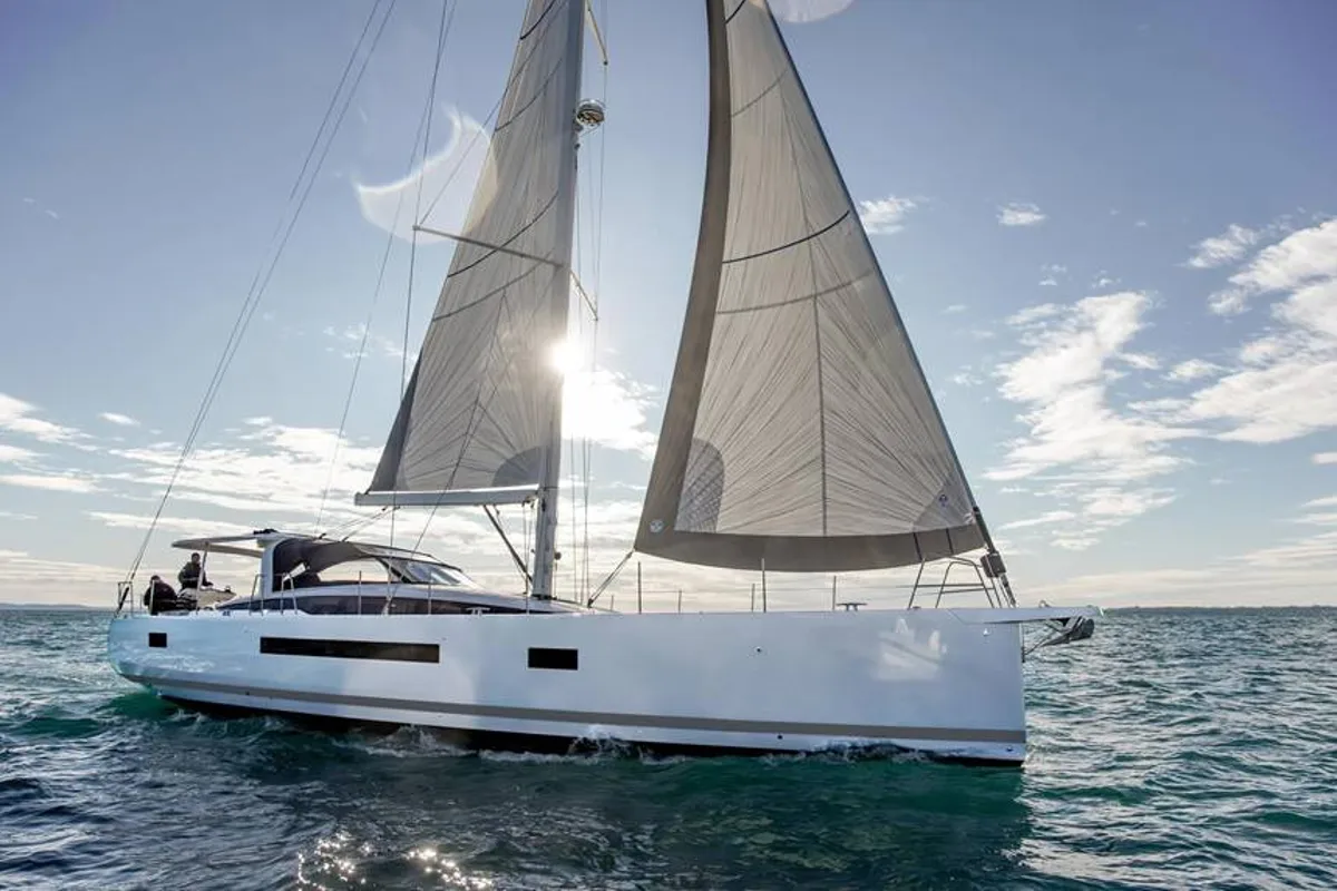 Exterior view of Uranos, a Jeanneau 65 sailboat at Lavreotiki Municipal Unit, Greece