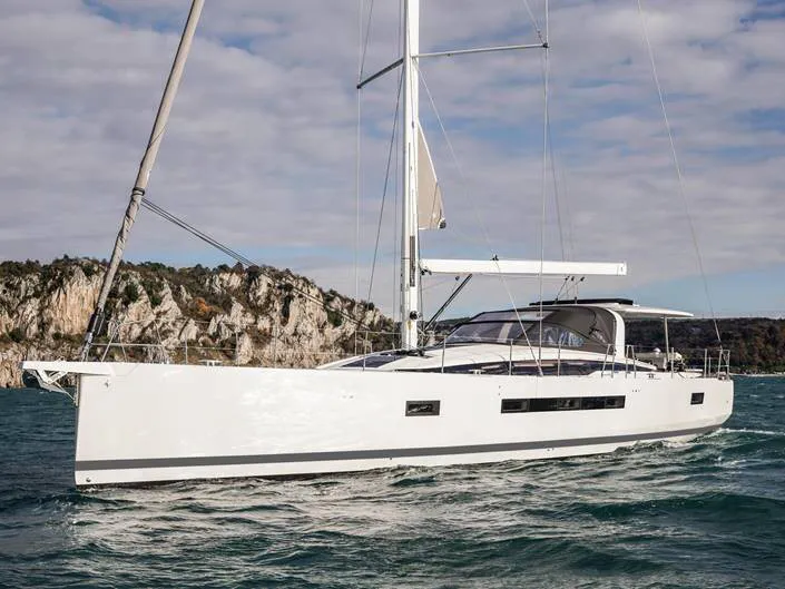 Exterior view of Uranos, a Jeanneau 65 sailboat at Lavreotiki Municipal Unit, Greece