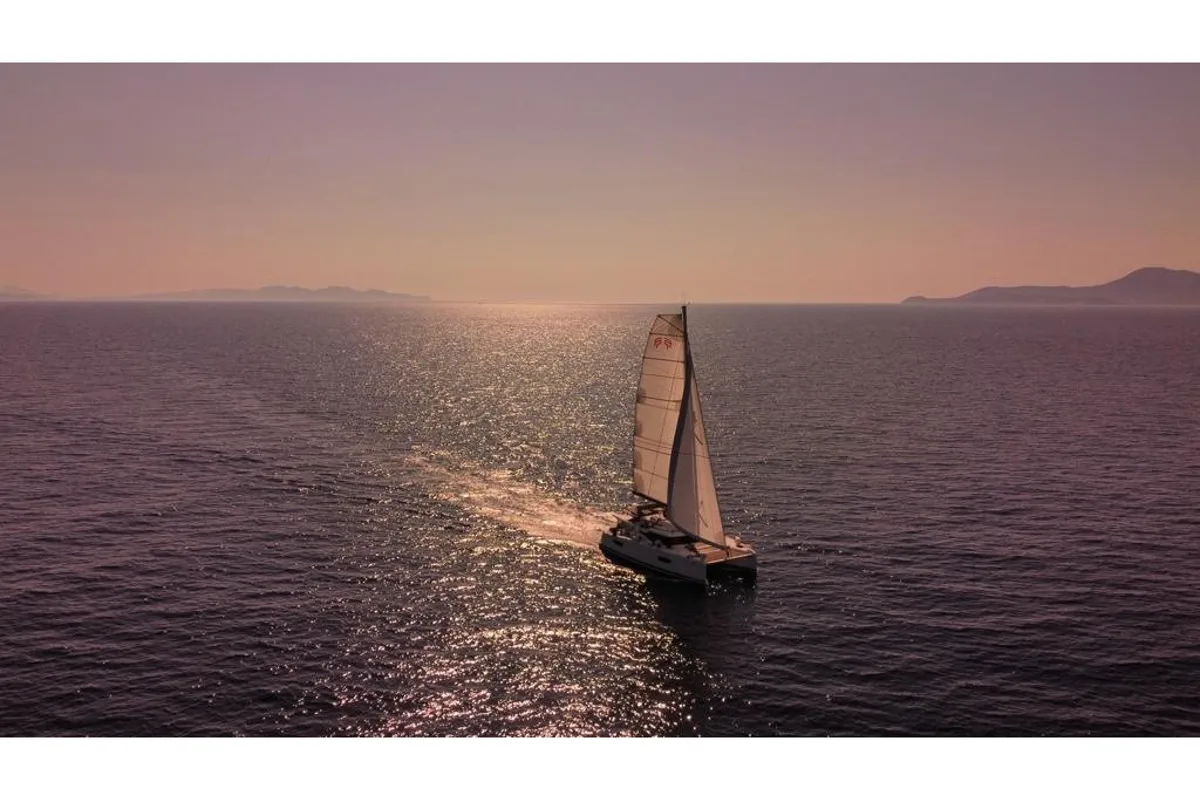 Exterior view of SEA ENERGY III, a Fountaine Pajot Elba 45 catamaran at Athens, Greece