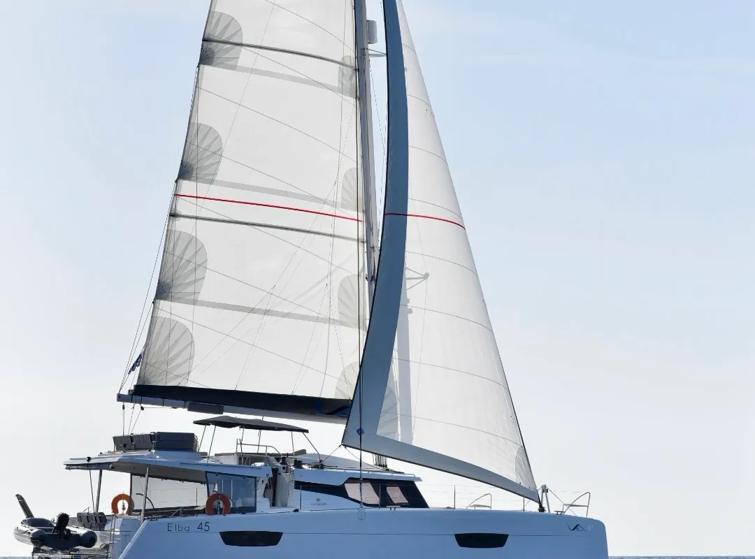 Exterior view of SEA ENERGY III, a Fountaine Pajot Elba 45 catamaran at Athens, Greece