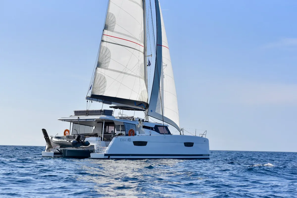 Exterior view of SEA ENERGY III, a Fountaine Pajot Elba 45 catamaran at Athens, Greece