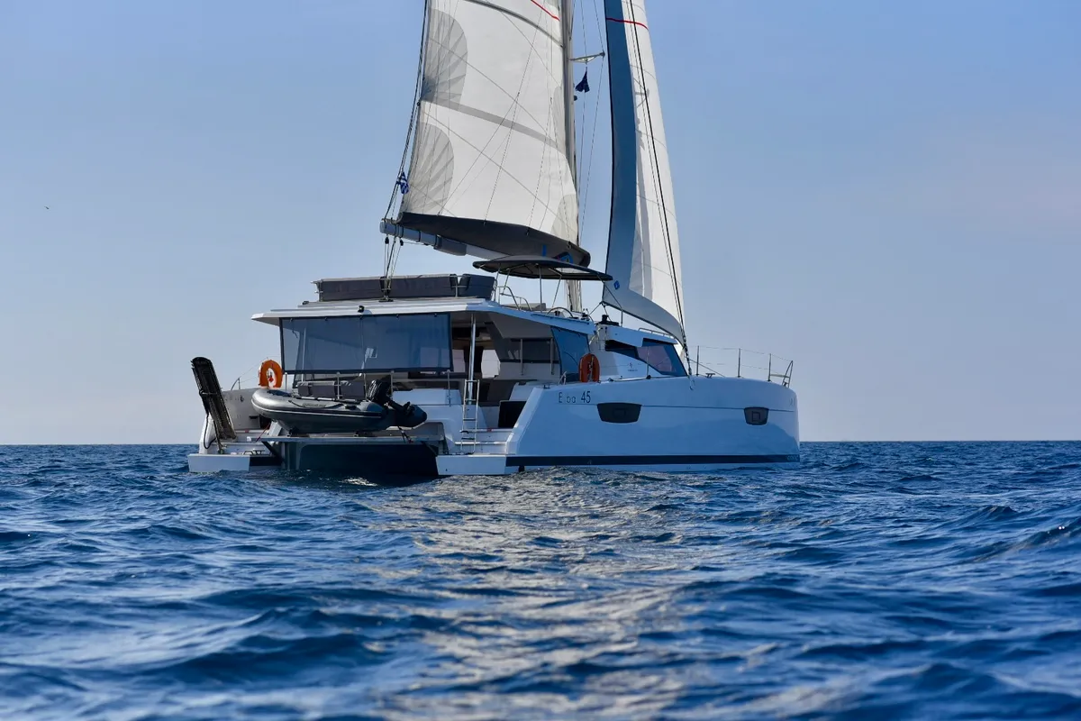 Exterior view of SEA ENERGY III, a Fountaine Pajot Elba 45 catamaran at Athens, Greece
