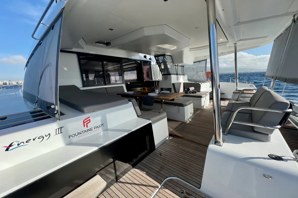 Deck of SEA ENERGY III, a Fountaine Pajot Elba 45 catamaran at Athens, Greece