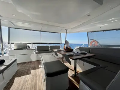Deck of SEA ENERGY III, a Fountaine Pajot Elba 45 catamaran at Athens, Greece