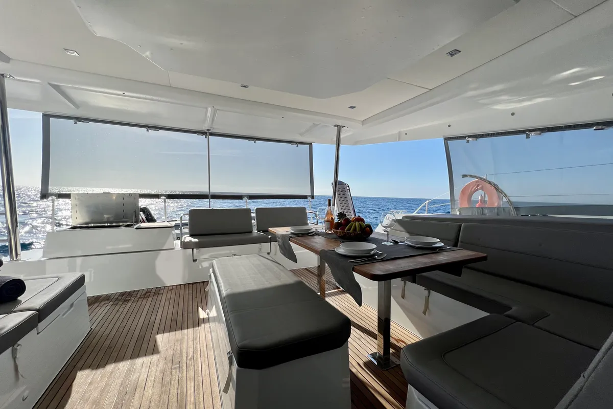Deck of SEA ENERGY III, a Fountaine Pajot Elba 45 catamaran at Athens, Greece