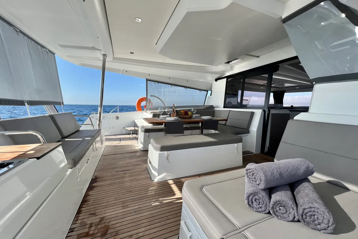 Deck of SEA ENERGY III, a Fountaine Pajot Elba 45 catamaran at Athens, Greece