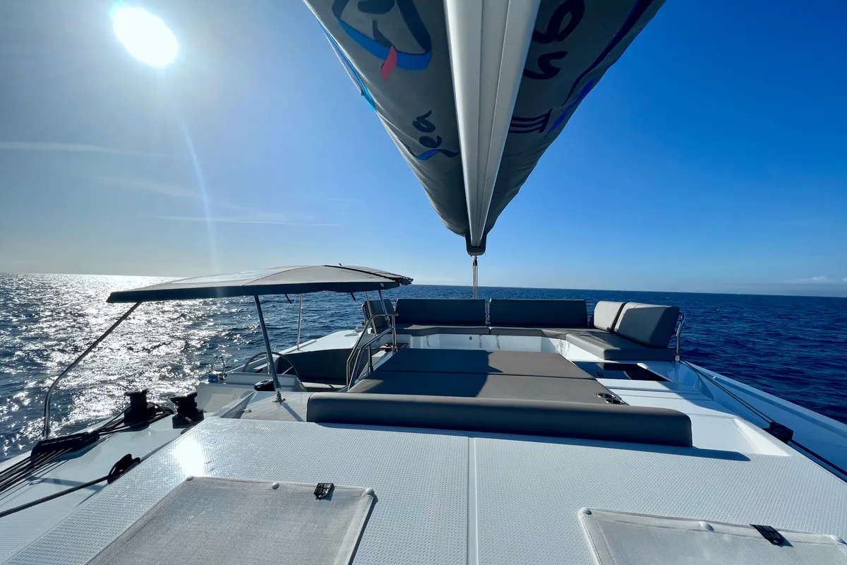 Deck of SEA ENERGY III, a Fountaine Pajot Elba 45 catamaran at Athens, Greece
