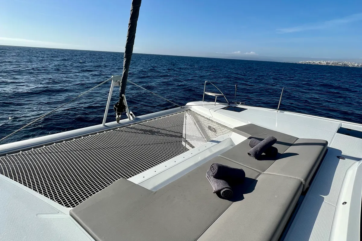 Deck of SEA ENERGY III, a Fountaine Pajot Elba 45 catamaran at Athens, Greece