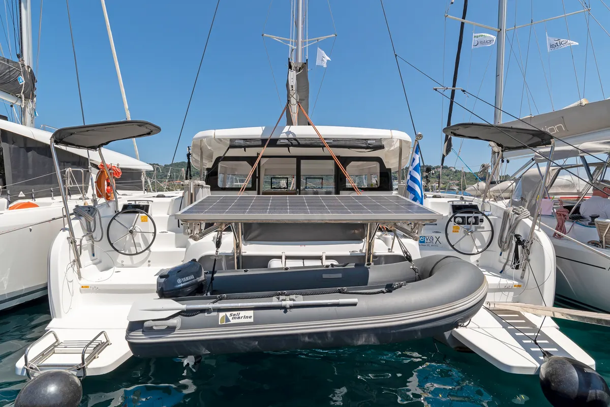 Deck of Geva Mare X, a Excess 11 catamaran at Rhodes, Greece