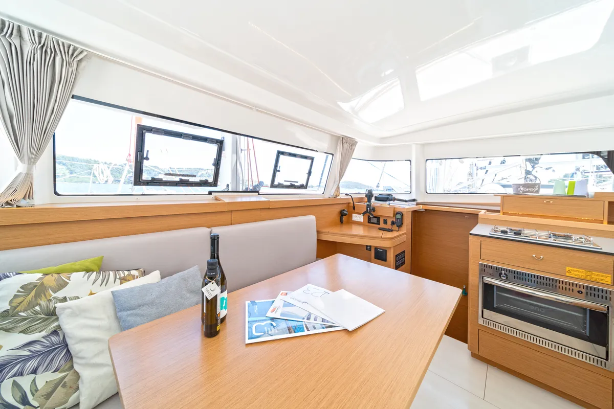 Salon of Geva Mare X, a Excess 11 catamaran at Rhodes, Greece