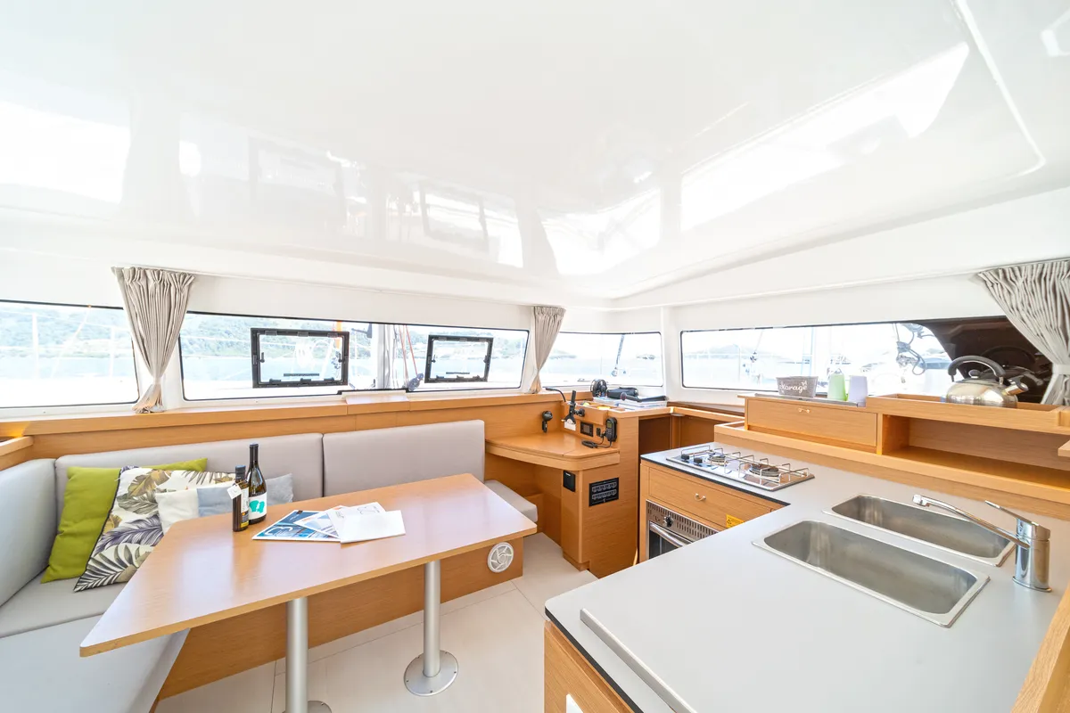 Salon of Geva Mare X, a Excess 11 catamaran at Rhodes, Greece