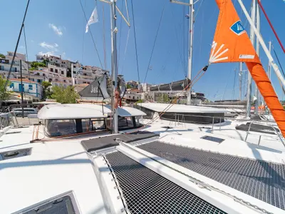 Deck of Geva Mare X, a Excess 11 catamaran at Rhodes, Greece