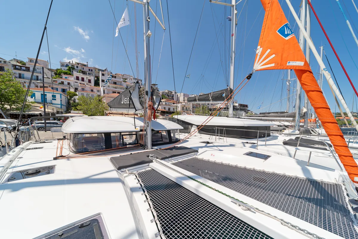 Deck of Geva Mare X, a Excess 11 catamaran at Rhodes, Greece