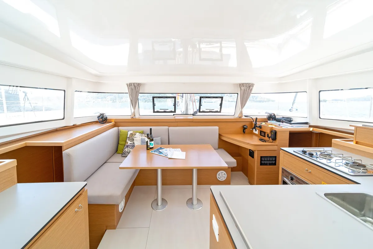 Salon of Geva Mare X, a Excess 11 catamaran at Rhodes, Greece