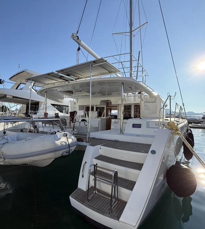 Exterior view of Lu Lu, a Lagoon 450 F catamaran at Marmaris, Turkey