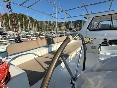 Cockpit of Lu Lu, a Lagoon 450 F catamaran at Marmaris, Turkey
