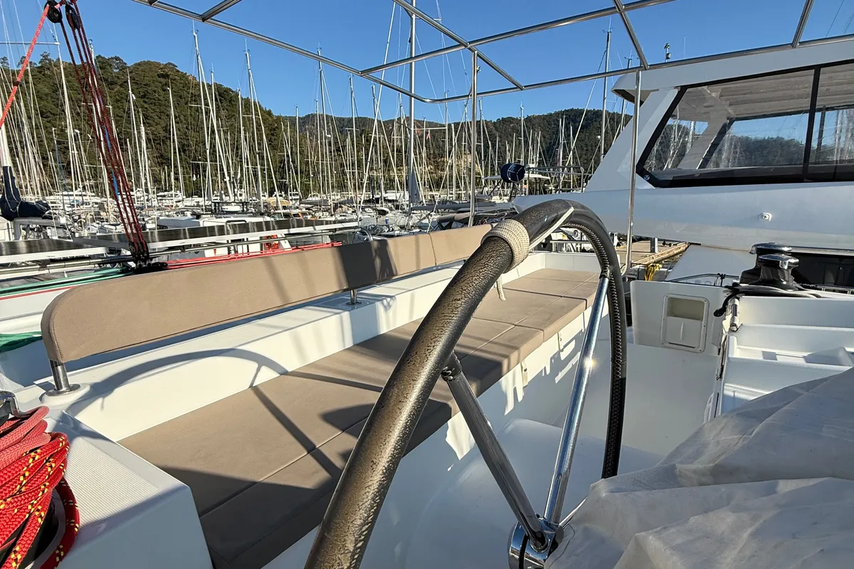 Cockpit of Lu Lu, a Lagoon 450 F catamaran at Marmaris, Turkey