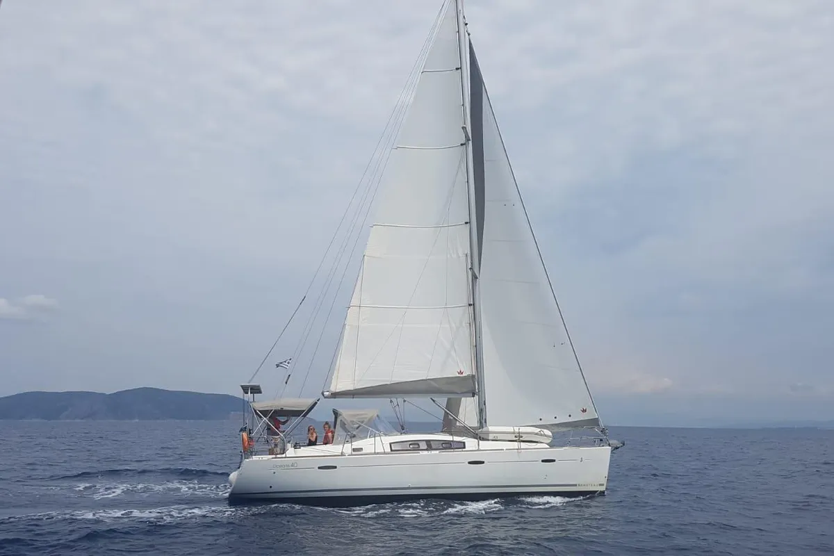 Exterior view of Tosca, a Beneteau Oceanis 40 sailboat at Municipal Unit of Elefsina, Greece