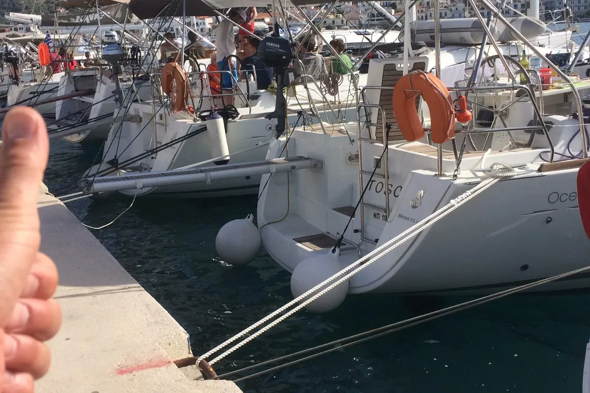 Exterior view of Tosca, a Beneteau Oceanis 40 sailboat at Municipal Unit of Elefsina, Greece