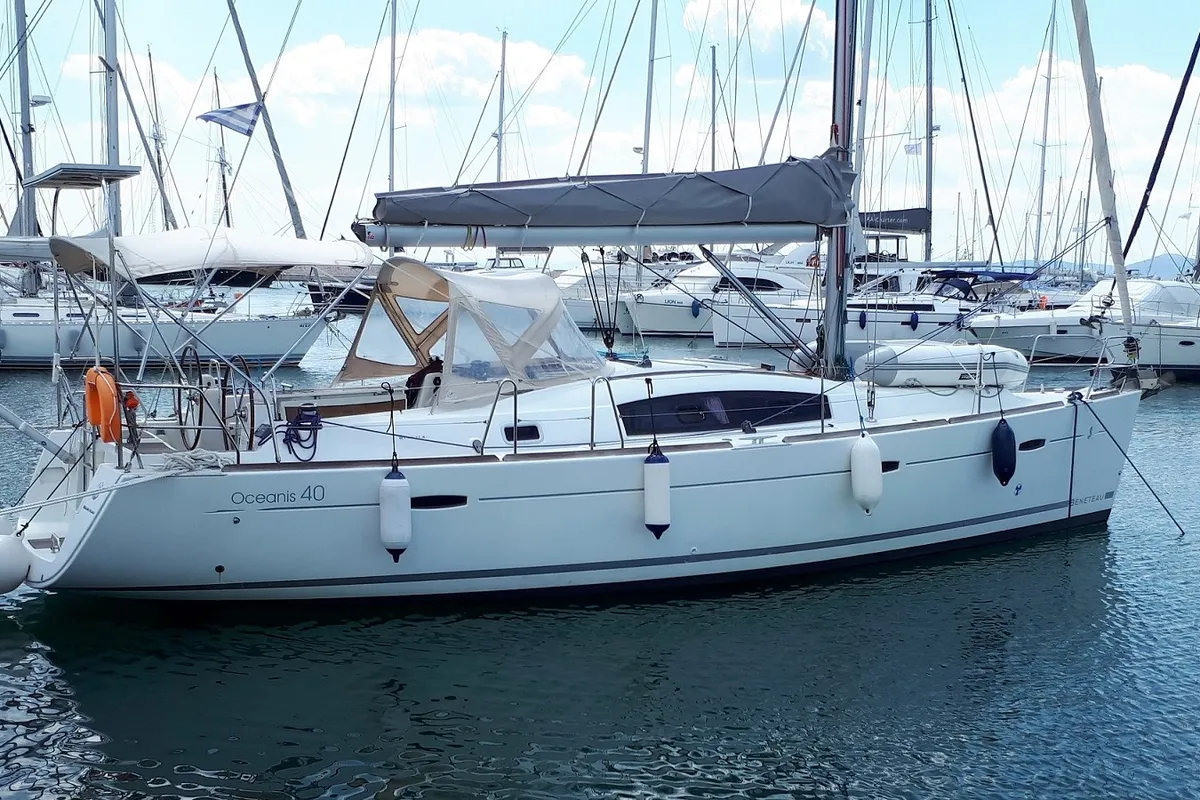 Exterior view of Tosca, a Beneteau Oceanis 40 sailboat at Municipal Unit of Elefsina, Greece