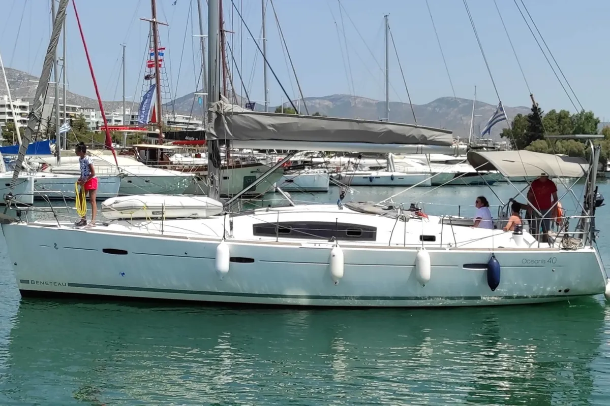 Exterior view of Tosca, a Beneteau Oceanis 40 sailboat at Municipal Unit of Elefsina, Greece