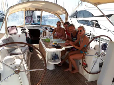 Cockpit of Tosca, a Beneteau Oceanis 40 sailboat at Municipal Unit of Elefsina, Greece