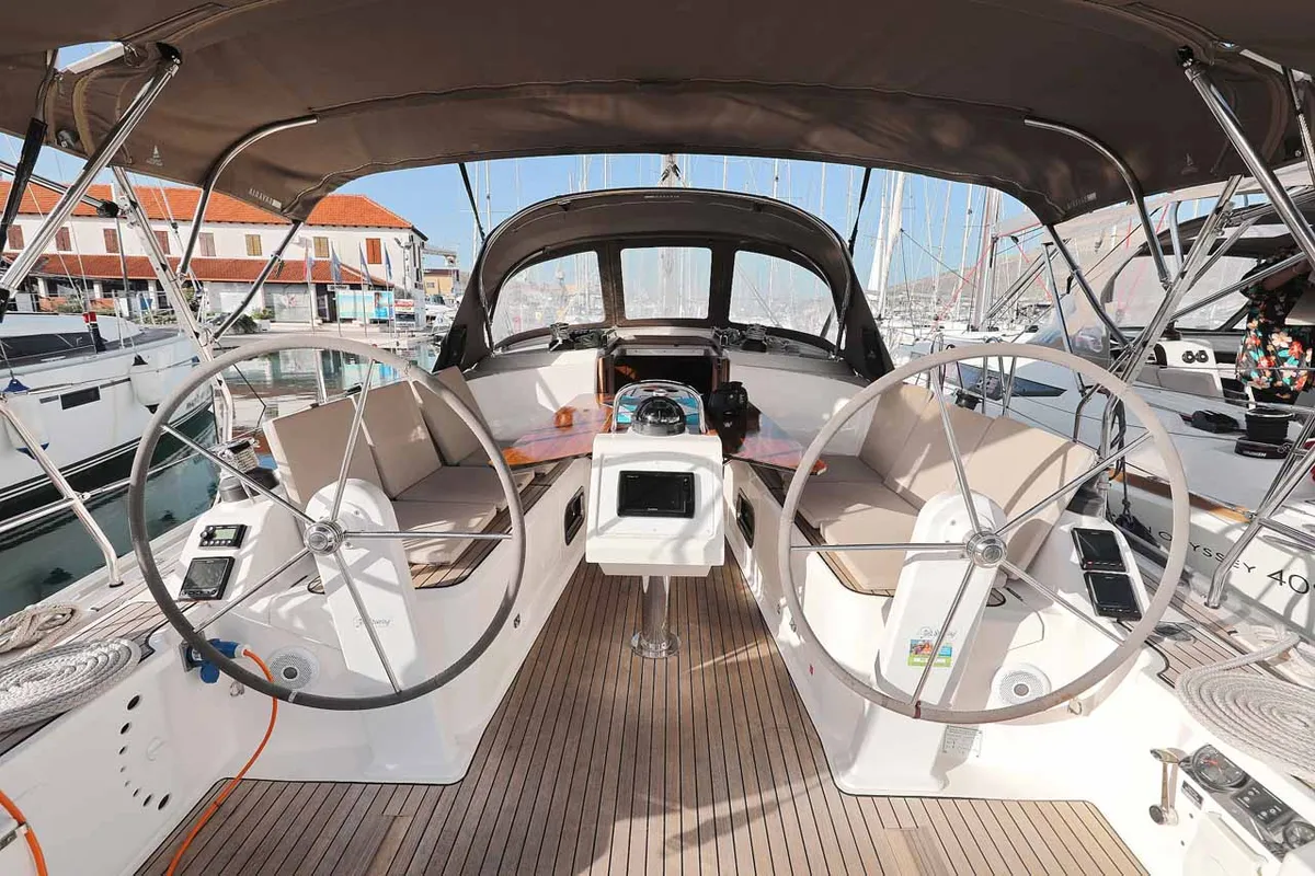 Cockpit of Sursulapitschi, a Bavaria Cruiser 37 sailboat at Grad Pula, Croatia