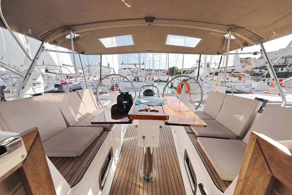 Cockpit of Sursulapitschi, a Bavaria Cruiser 37 sailboat at Grad Pula, Croatia