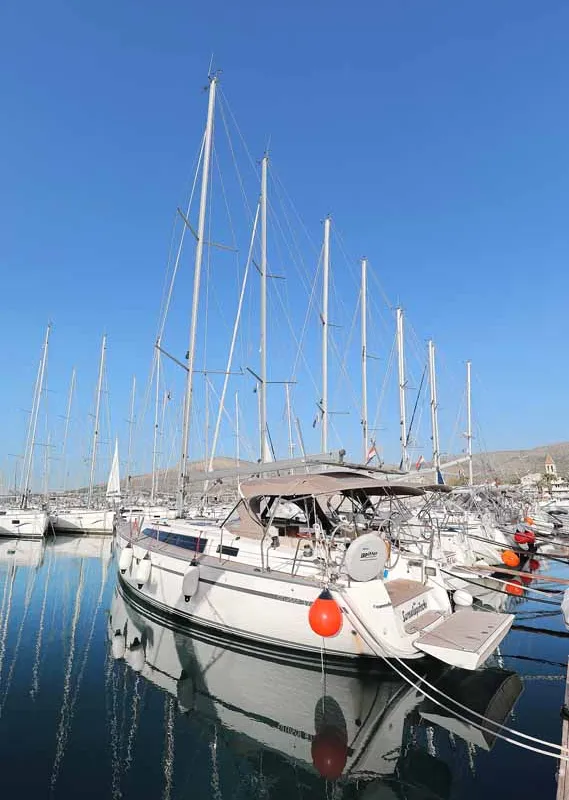 Exterior view of Sursulapitschi, a Bavaria Cruiser 37 sailboat at Grad Pula, Croatia