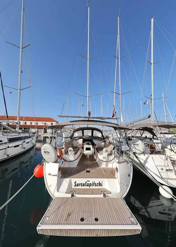 Exterior view of Sursulapitschi, a Bavaria Cruiser 37 sailboat at Grad Pula, Croatia