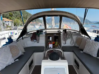 Cockpit of WHISKY FOXTROT, a Bavaria 46 Cruiser sailboat at Municipal Unit of Ellomenos, Greece