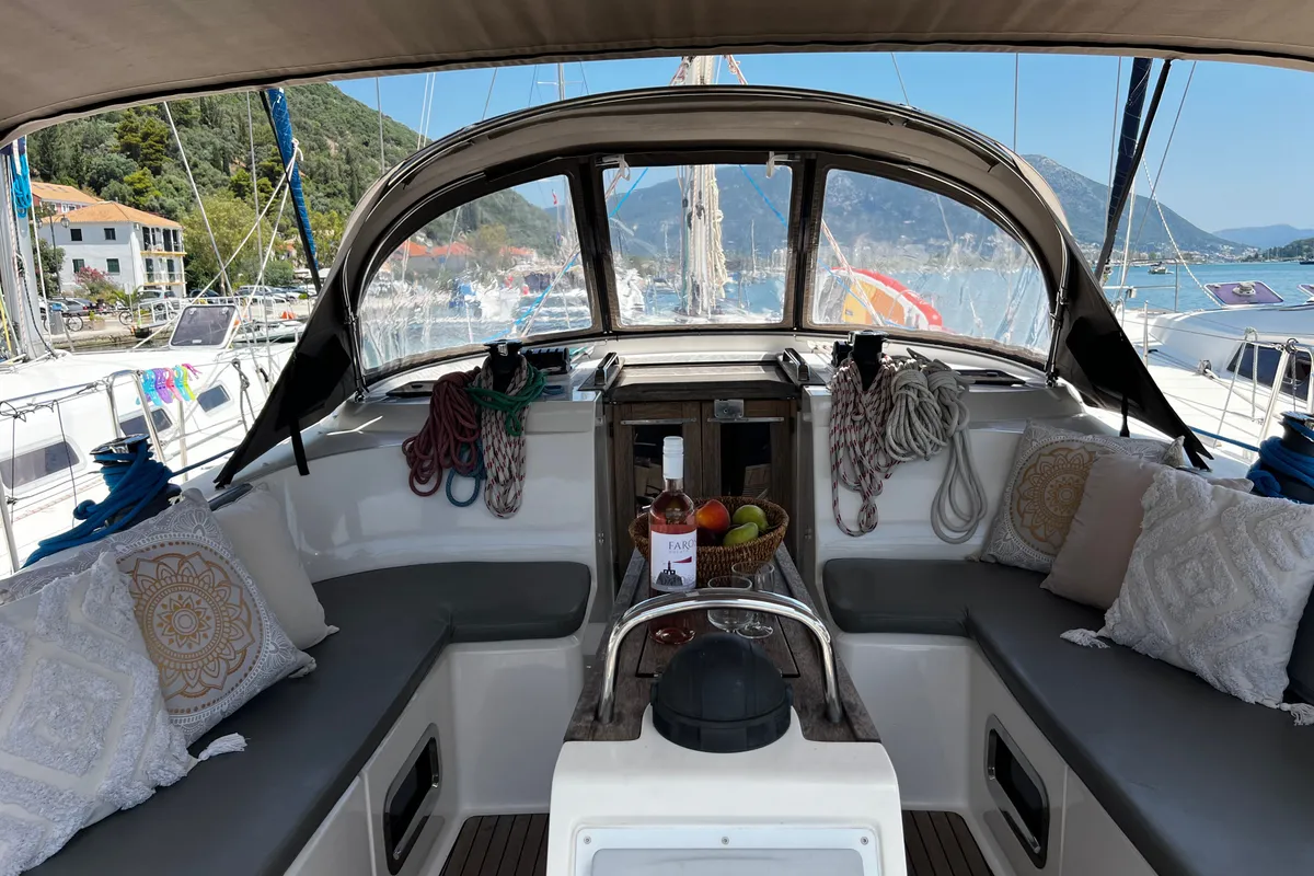 Cockpit of WHISKY FOXTROT, a Bavaria 46 Cruiser sailboat at Municipal Unit of Ellomenos, Greece